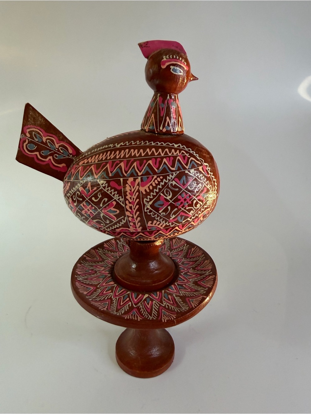 Ukrainian Russian Pysanka folk art handpainted wood chicken figurine - pedestal